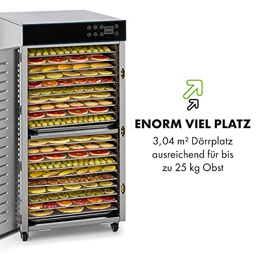 Klarstein Dörrautomat Edelstahl – 4.000-W-Dörrgerät, 48 Edelstahl-Einlegeböden, 30–90 °C, 24-Stunden-Timer, 6 Ventilatoren, 2 Trockenkammern, 50–55 dB, ideal für Obst, Gemüse, Fleisch, Kräuter, Silber