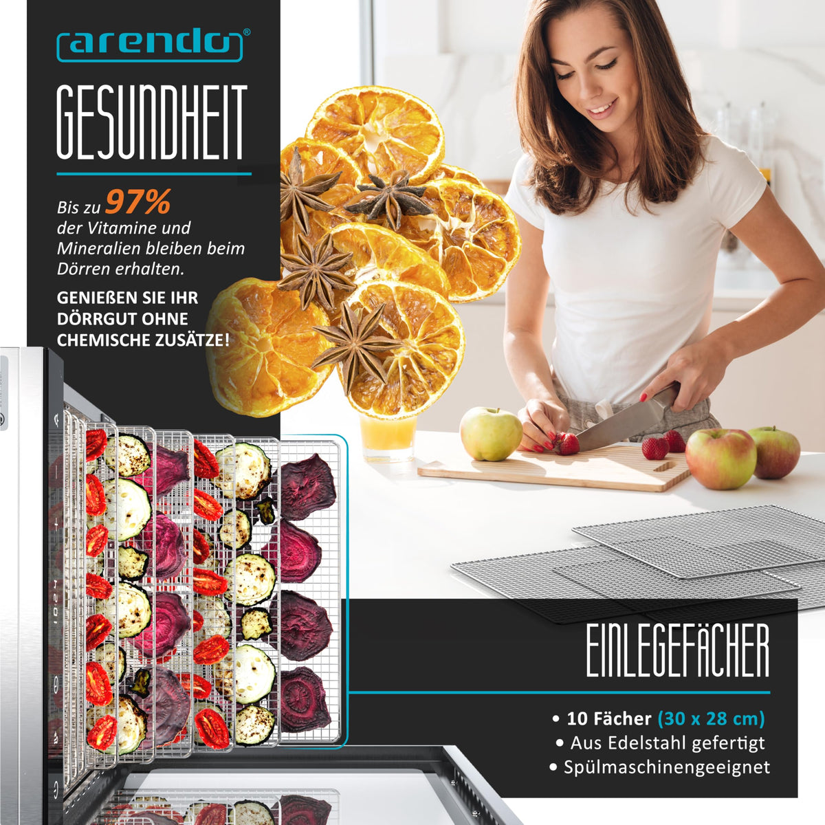 Arendo - Stainless steel dehydrator 8-fold - 500 watts with temperature control - dehydrator for food meat fruits fruit mushrooms - timer up to 24 hours - 8 compartments - GS - dehydrator