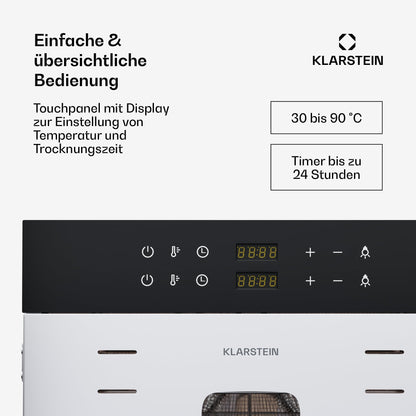 Klarstein Dörrautomat Edelstahl – 4.000-W-Dörrgerät, 48 Edelstahl-Einlegeböden, 30–90 °C, 24-Stunden-Timer, 6 Ventilatoren, 2 Trockenkammern, 50–55 dB, ideal für Obst, Gemüse, Fleisch, Kräuter, Silber