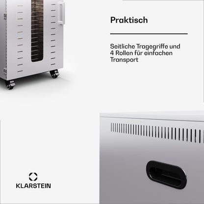 Klarstein Dörrautomat Edelstahl – 4.000-W-Dörrgerät, 48 Edelstahl-Einlegeböden, 30–90 °C, 24-Stunden-Timer, 6 Ventilatoren, 2 Trockenkammern, 50–55 dB, ideal für Obst, Gemüse, Fleisch, Kräuter, Silber