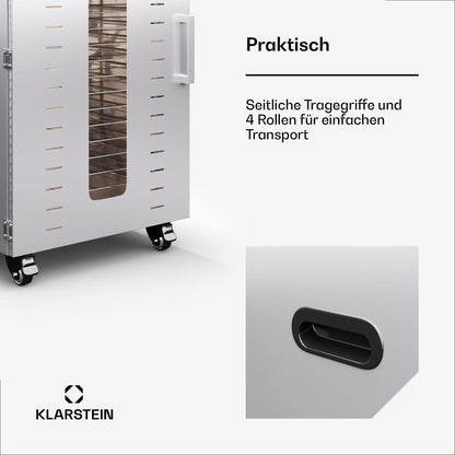 Klarstein Dörrautomat Edelstahl – 4.000-W-Dörrgerät, 48 Edelstahl-Einlegeböden, 30–90 °C, 24-Stunden-Timer, 6 Ventilatoren, 2 Trockenkammern, 50–55 dB, ideal für Obst, Gemüse, Fleisch, Kräuter, Silber