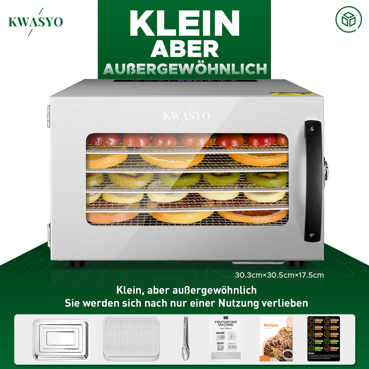 Kwasyo Dörrautomat Edelstahl DA 1000, XXL-Dörrfläche 1,8 m², Dörrgerät Temperatur einstellbar 30-90℃, LED-Display, 24 Std, BPA-frei, mit Rezeptheft, 10 Edelstahl-Dörrtabletts