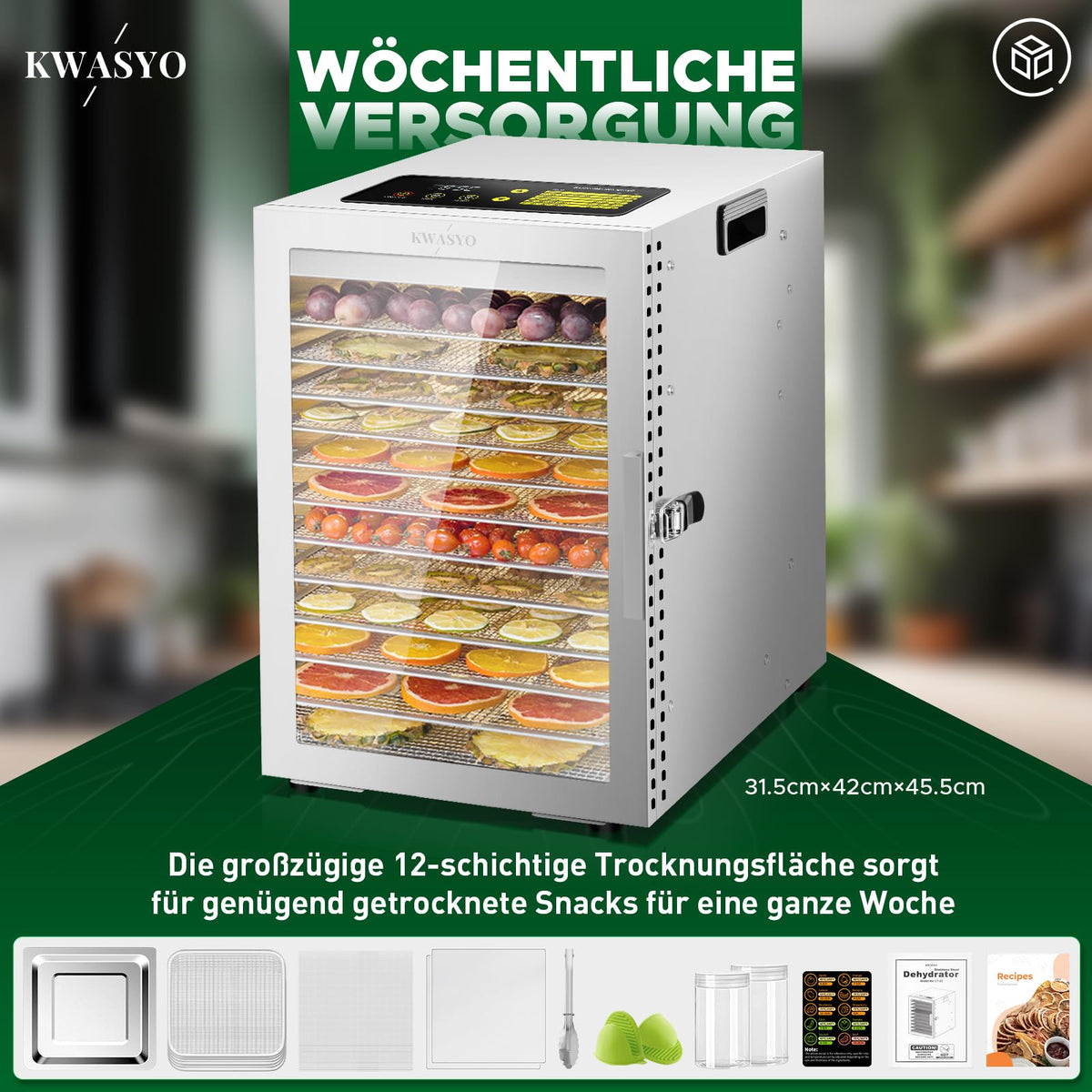 Kwasyo Dehydrator Stainless Steel, Double Fan 360° Efficient Dry, Dehydrator 12 Levels, 20-90°C Temperature Control, 24 Hour Timer, Overheating Protection, Recipe Book for Meat, Fruit, Vegetables,