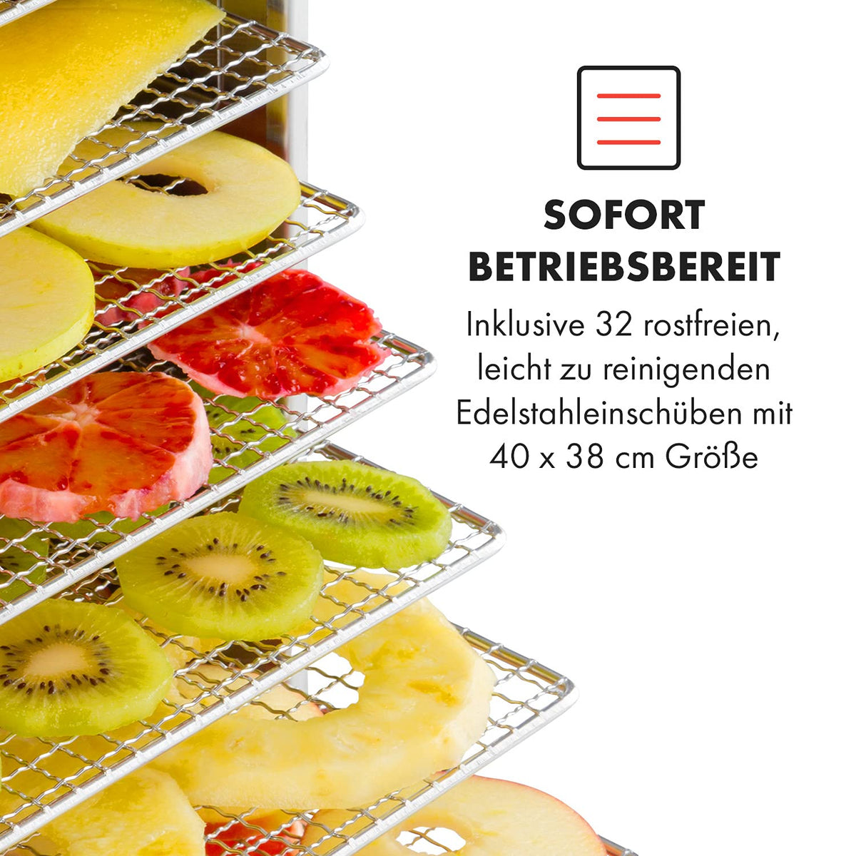 Klarstein Dörrautomat Edelstahl – 4.000-W-Dörrgerät, 48 Edelstahl-Einlegeböden, 30–90 °C, 24-Stunden-Timer, 6 Ventilatoren, 2 Trockenkammern, 50–55 dB, ideal für Obst, Gemüse, Fleisch, Kräuter, Silber