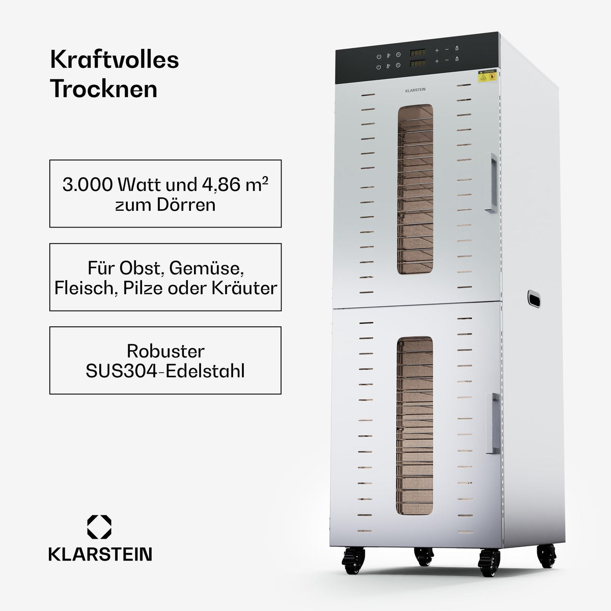 Klarstein Dörrautomat Edelstahl – 4.000-W-Dörrgerät, 48 Edelstahl-Einlegeböden, 30–90 °C, 24-Stunden-Timer, 6 Ventilatoren, 2 Trockenkammern, 50–55 dB, ideal für Obst, Gemüse, Fleisch, Kräuter, Silber