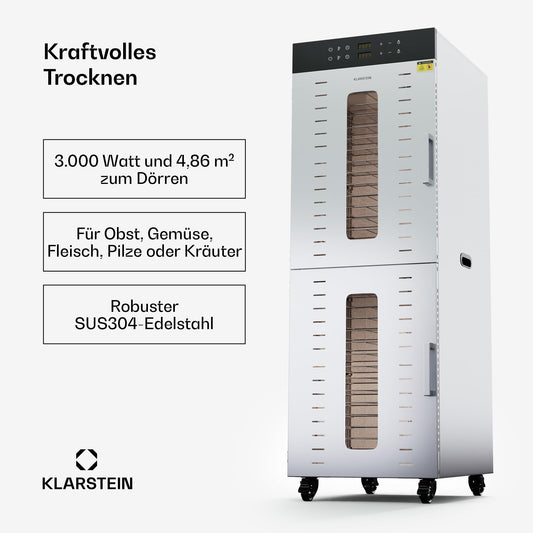 Klarstein Dörrautomat Edelstahl – 4.000-W-Dörrgerät, 48 Edelstahl-Einlegeböden, 30–90 °C, 24-Stunden-Timer, 6 Ventilatoren, 2 Trockenkammern, 50–55 dB, ideal für Obst, Gemüse, Fleisch, Kräuter, Silber