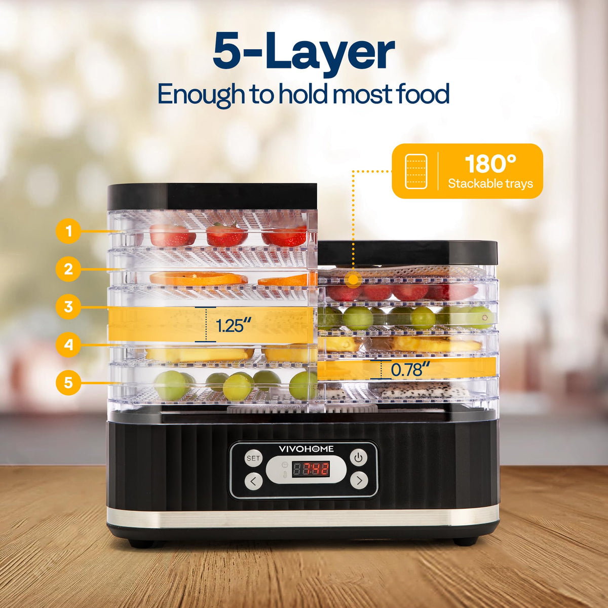 VIVOHOME Dörrautomat mit 8 Einlegefächern 400W BPA frei Dörrgerät mit Temperaturregler von 35°C bis 70°C inkl.72H Timer und Rezept für Fleisch,Obst,Haustier-Leckereiene