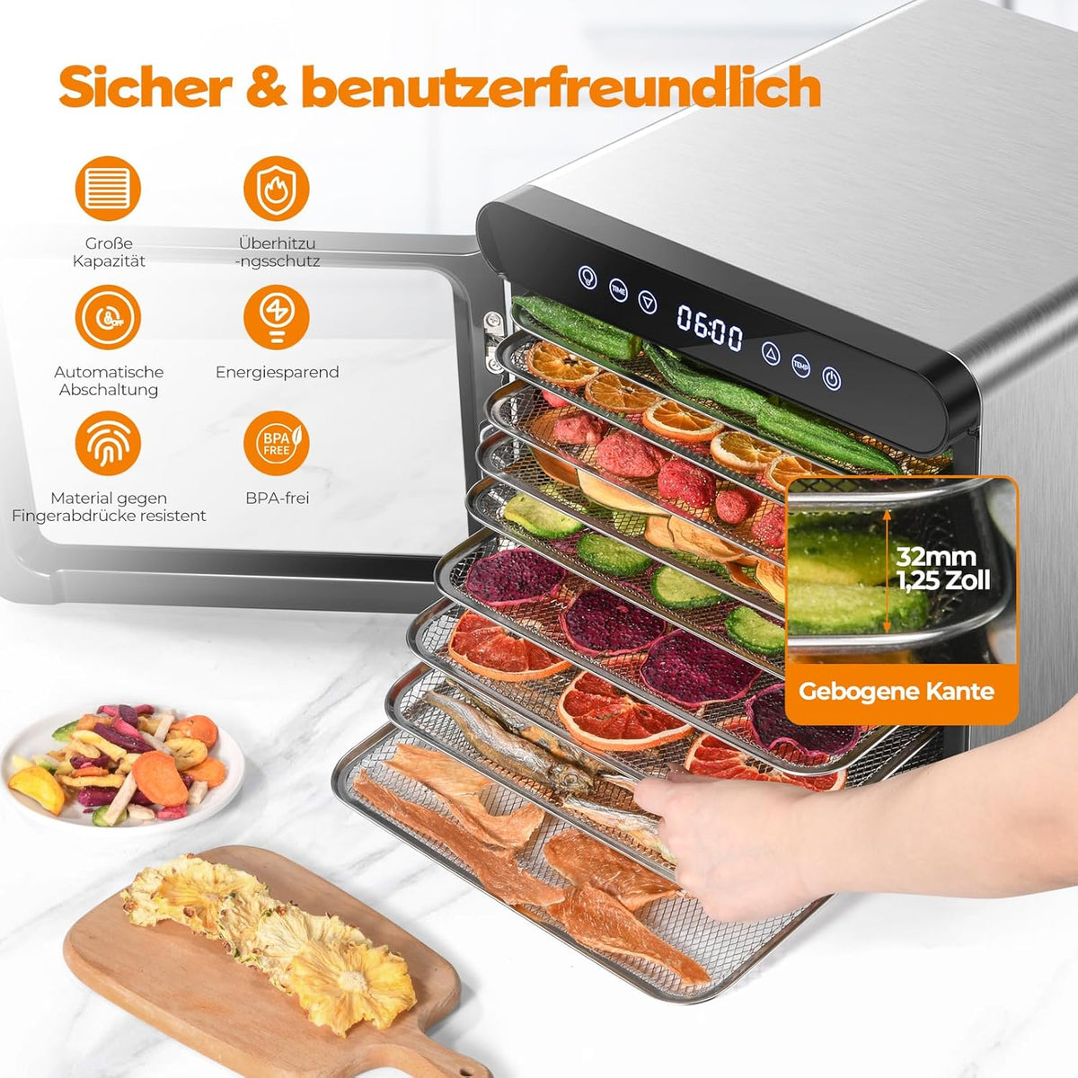 YASHE Stainless Steel Dehydrator with Digital Control (Temperature up to 75°C, Timer up to 48 Hours), 9 Trays Dehydrator for Fruit and Vegetables, Rear Fan for 360° Air Circulation, 800 W