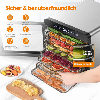YASHE Stainless Steel Dehydrator with Digital Control (Temperature up to 75°C, Timer up to 48 Hours), 9 Trays Dehydrator for Fruit and Vegetables, Rear Fan for 360° Air Circulation, 800 W