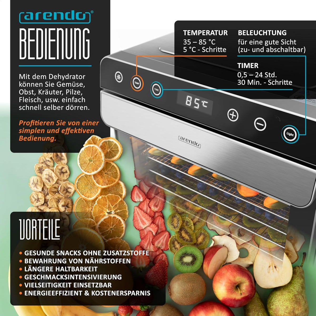 Arendo - Dörrautomat Edelstahl mit 8 Edelstahlgitter - 700 W - 35°-85°C - 8 Edelstahl Einlegetabletts mit insgesamt 6700 cm² - Dörrgerät Dehydrator Obsttrockner Dörrapparat - Obst Fleisch Pilze uvm